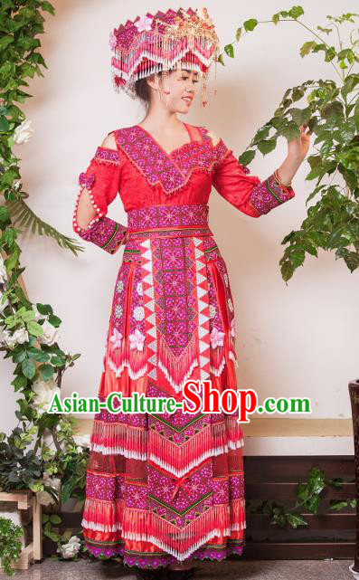 China Yunnan Nationality Bride Apparels Miao Minority Wedding Clothing Yao Ethnic Embroidered Red Dress and Hair Accessories