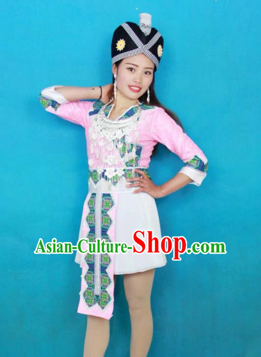 Top Grade Wenshan Ethnic Dance Apparels Minority Pink Blouse and Short Skirt China Miao Nationality Clothing with Hat