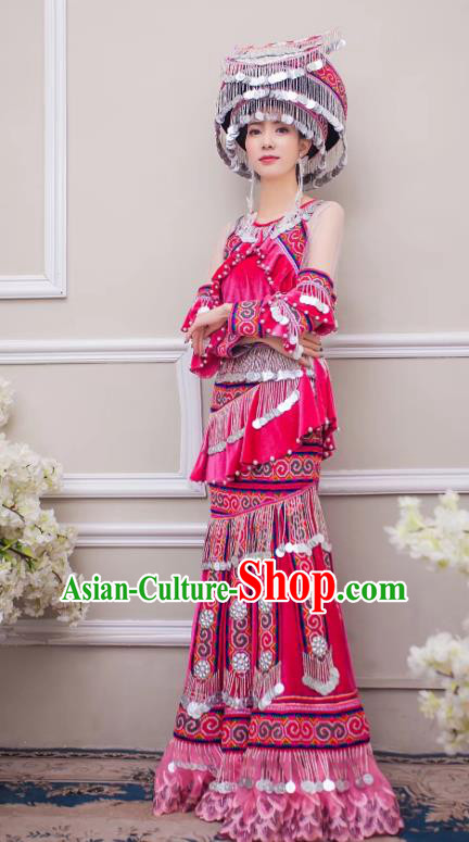 China Guizhou Nationality Bride Apparels Miao Minority Wedding Clothing Ethnic Embroidered Rosy Velvet Long Dress and Headwear