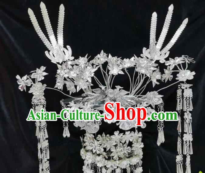 Handmade Ethnic Women Hair Accessories Chinese Miao Minority Silver Phoenix Coronet Headwear