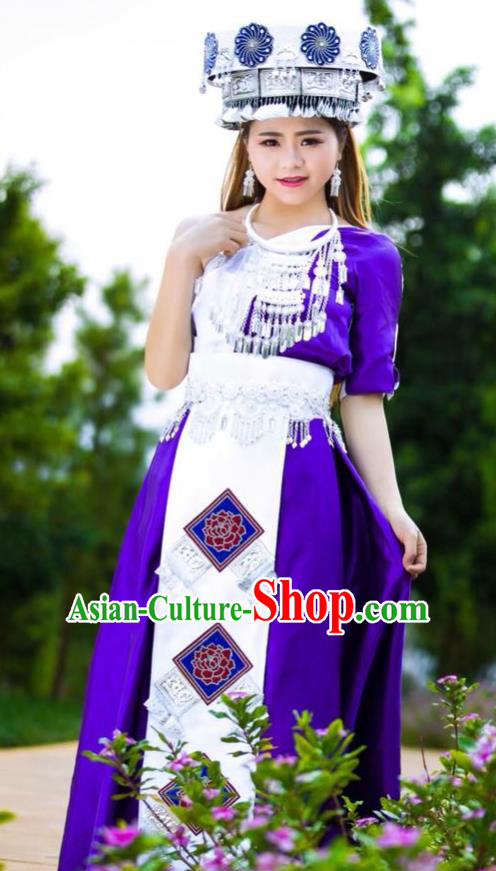 Top Grade Miao Ethnic Female Apparels Minority Folk Dance Clothing China Nationality Purple Long Dress with Headpiece