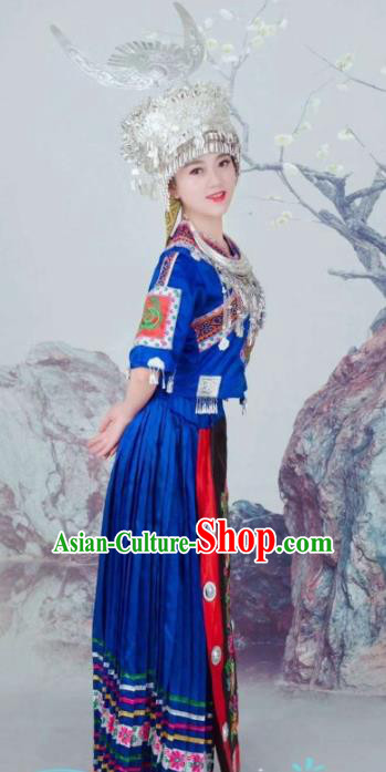 China Miao Minority Traditional Festival Apparels Ethnic Celebration Clothing Hmong Embroidered Royalblue Blouse and Skirt with Headdress