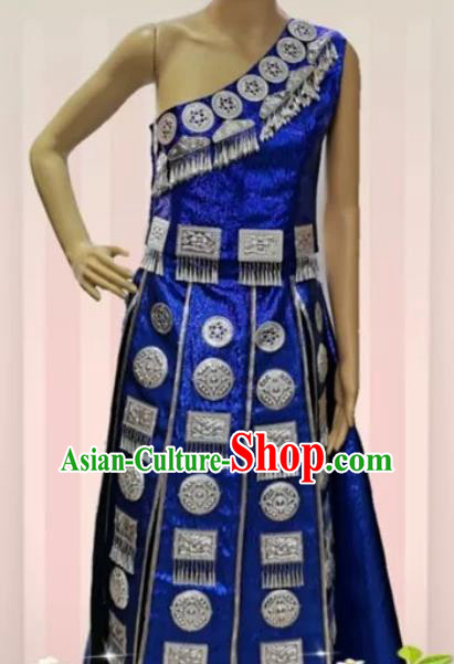 China Tujia Minority Ethnic Celebration Clothing Hmong Embroidered Royalblue Blouse and Skirt Traditional Festival Apparels