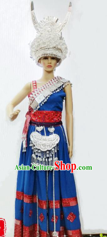 China Miao Minority Royalblue Blouse and Skirt Traditional Hmong Festival Apparels Ethnic Celebration Clothing with Headwear