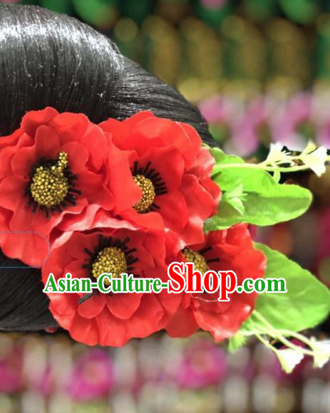 China Miao Ethnic Bride Hair Accessories Minority Nationality Headwear Red Flowers Hair Stick