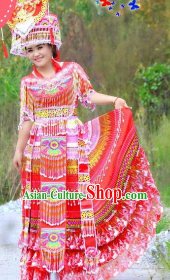 Miao Minority Bride Dresses Women Folk Dance Costume China Miao Ethnic Wedding Apparels and Headdress