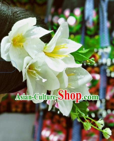 Chinese Handmade White Lily Flowers Hair Stick Miao Minority Bride Hair Accessories Ethnic Wedding Headpiece