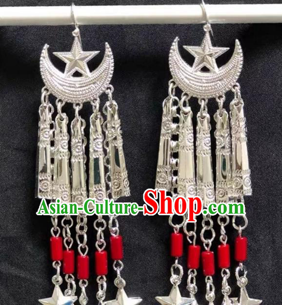 China Miao Nationality Ear Accessories Handmade Ethnic Minority Jewelry Folk Dance Moon Star Earrings