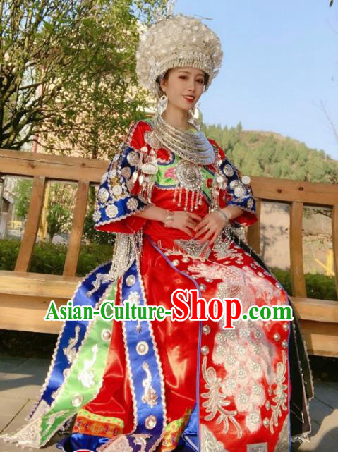 China Minority Embroidered Red Blouse and Skirt Traditional Ethnic Bride Apparels Miao Nationality Wedding Clothing with Headwear