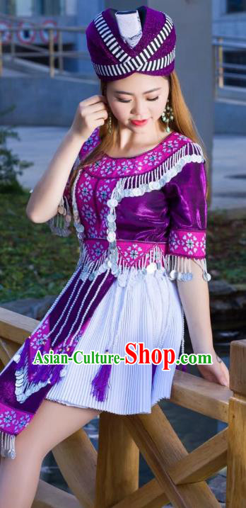 China Ethnic Female Purple Blouse and Short Pleated Skirt Yunnan Miao Minority Clothing and Hat