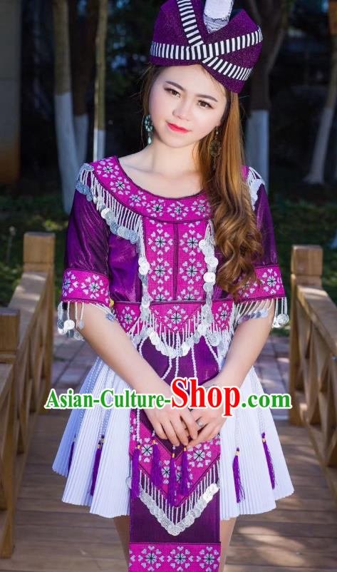 China Ethnic Female Purple Blouse and Short Pleated Skirt Yunnan Miao Minority Clothing and Hat