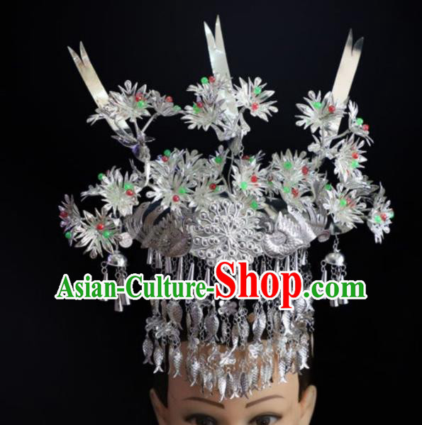 China Miao Nationality Colorful Beads Phoenix Coronet Hair Accessories Handmade Ethnic Minority Jewelry Bride Silver Fish Tassel Headwear