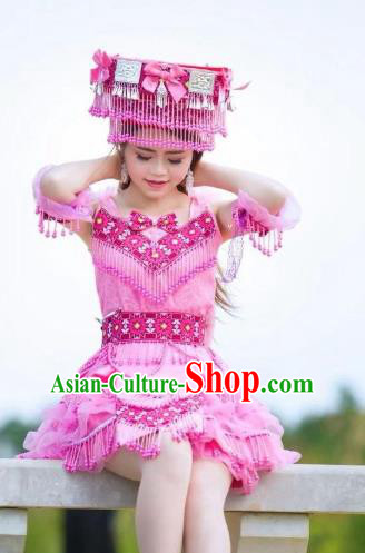 Top Grade Stage Performance Clothing Ethnic Folk Dance Apparels China Miao Minority Women Pink Costume with Rosy Beads Tassel Headwear