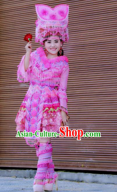 Custom Yunnan Ethnic Wedding Dress Top Quality China Miao Minority Bride Rosy Costume and Hat for Women