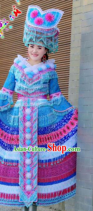 Top Quality Yunnan Yi Ethnic Wedding Blue Dress China Minority Bride Costume and Headdress