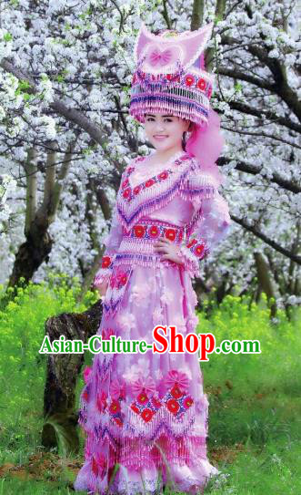 China Ethnic Bride Apparels Tujia Minority Women Pink Costume Top Grade Stage Performance Clothing with Headpieces