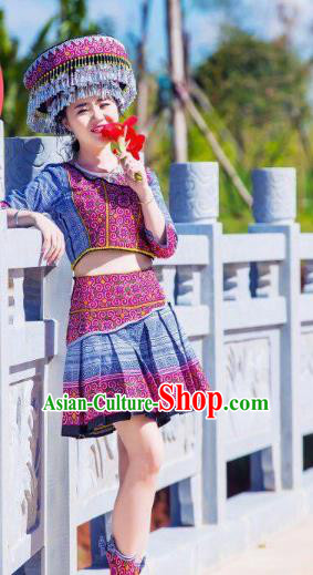 China Traditional Miao Minority Clothing Women Apparels Ethnic Folk Dance Blouse and Skirt with Hat
