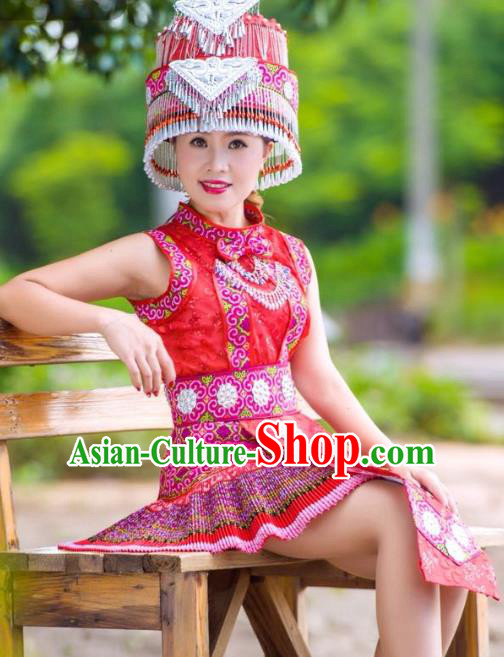 Guizhou Yao Minority Folk Dance Red Short Dress China Traditional Ethnic Women Clothing with Hat