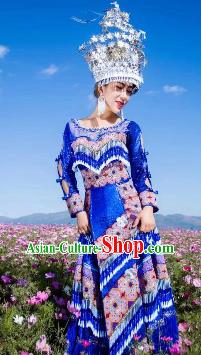 Traditional China Yunnan Mengzi Ethnic Clothing Miao Minority Women Royalblue Dress Hmong Bride Costumes and Hair Accessories