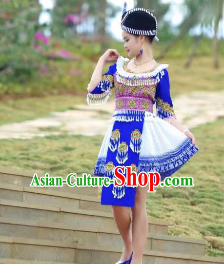 Traditional China Yao Ethnic Female Royalblue Outfits Yunnan Minority Costumes and Hat