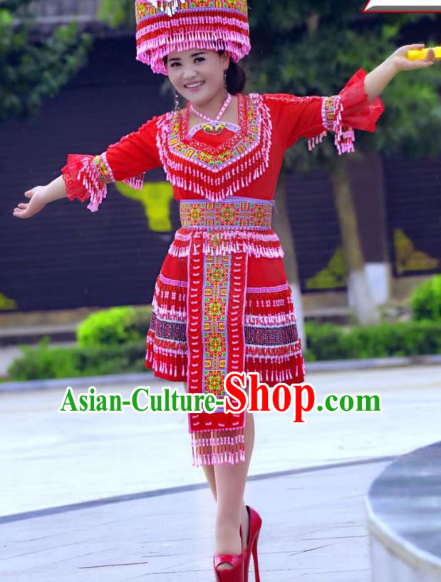 China Yunnan Miao Minority Folk Dance Costumes Ethnic Women Clothing Red Blouse and Short Skirt Outfits with Headwear