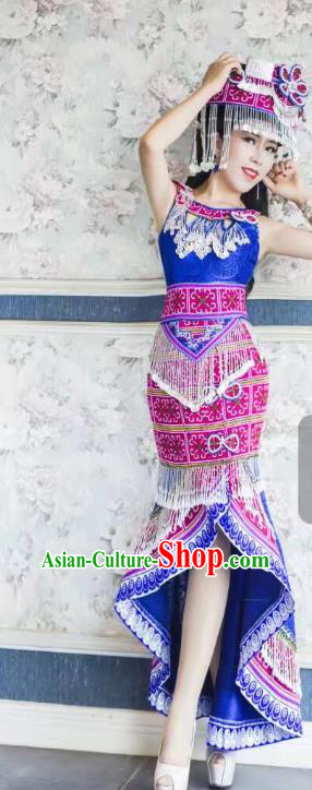 China Miao Minority Clothing Royalblue Dress Ethnic Women Folk Dance Costumes with Hair Accessories