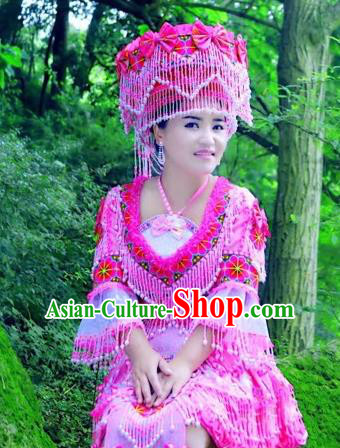 China Ethnic Folk Dance Apparels Miao Nationality Clothing Yunnan Minority Travel Photography Rosy Blouse and Skirt with Hat