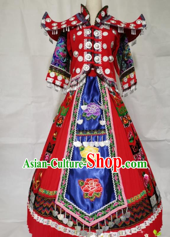 China Miao Ethnic Wedding Apparels Miao Nationality Clothing Yunnan Hmong Minority Embroidered Red Dress