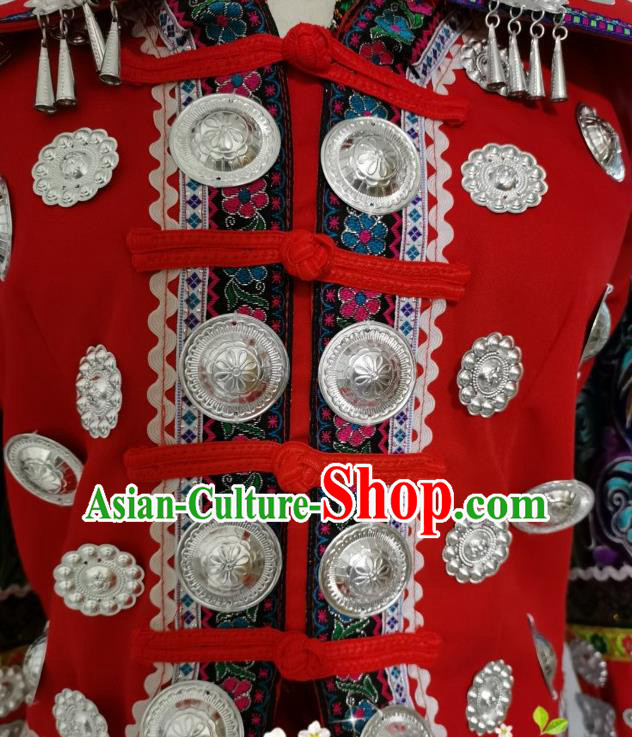 China Miao Ethnic Wedding Apparels Miao Nationality Clothing Yunnan Hmong Minority Embroidered Red Dress