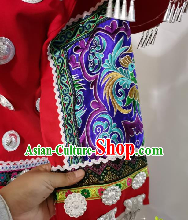 China Miao Ethnic Wedding Apparels Miao Nationality Clothing Yunnan Hmong Minority Embroidered Red Dress