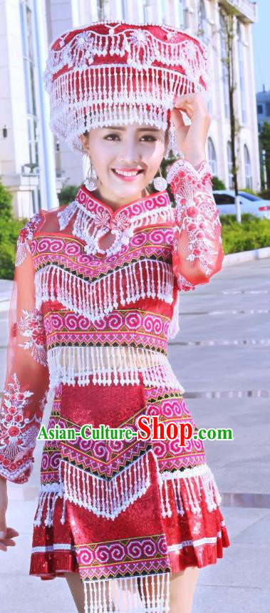 China Hmong Ethnic Female Red Short Dress Yunnan Miao Minority Clothing Folk Dance Apparels and Headwear