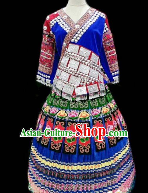 China Hmong Wedding Embroidered Royalblue Blouse and Skirt Ethnic Celebration Clothing Miao Minority Traditional Festival Apparels