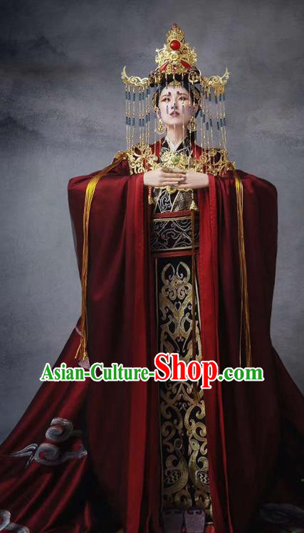 Chinese Ancient Queen Wu Zetian Hanfu Dress Traditional Tang Dynasty Female King Costumes and Headdress Full Set