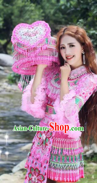 China Miao Minority Bride Clothing Travel Photography Apparels Ethnic Folk Dance Pink Blouse and Skirt with Hat