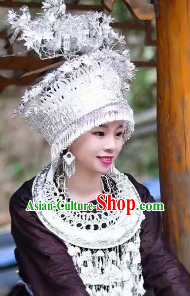 China Miao Ethnic Folk Dance Headdress Hmong Minority Argent Phoenix Coronet and Necklace Set