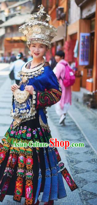 China Leishan Miao Ethnic Bride Clothing Traditional Guizhou Nationality Minority Festival Embroidered Blue Blouse and Skirt with Headdress