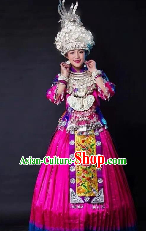 China Nationality Minority Folk Dance Rosy Blouse and Skirt Clothing Traditional Miao Ethnic Women Apparels with Headpieces