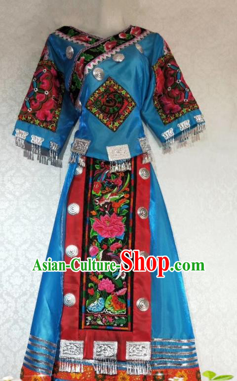 China Miao Nationality Embroidered Blue Blouse and Skirt Outfits Hmong Clothing Traditional Ethnic Women Apparels Minority Folk Dance Costumes