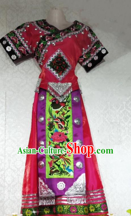 China Traditional Miao Ethnic Nationality Stage Show Embroidered Costumes Folk Dance Rosy Blouse and Skirt Outfits