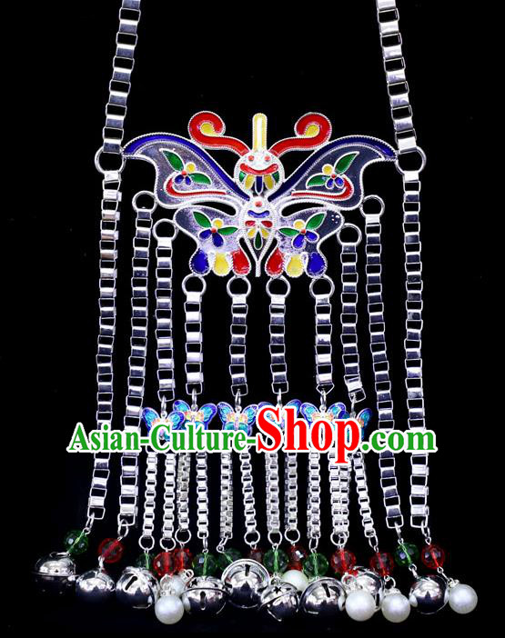 China Traditional Miao Silver Blueing Butterfly Necklace Dong Ethnic Jewelry Accessories Minority Bells Tassel Necklet