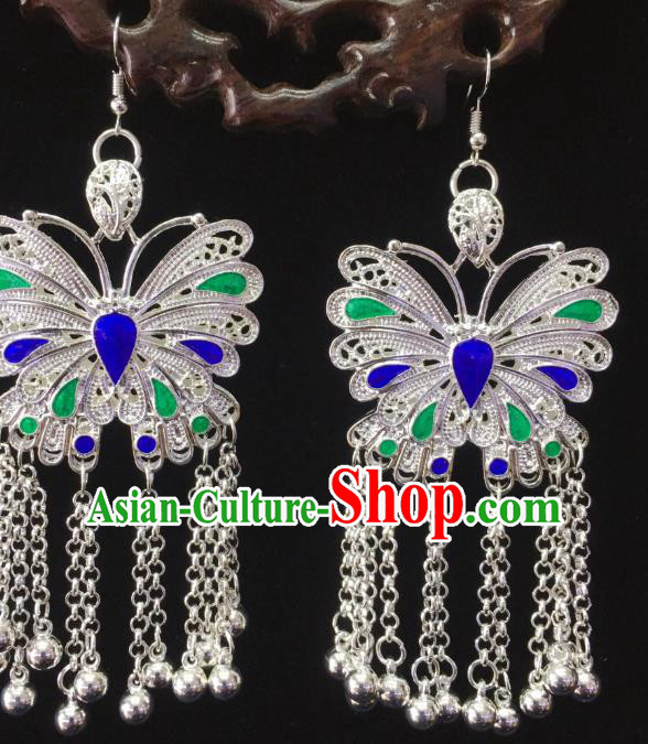 China Hmong Silver Butterfly Ear Accessories Handmade Guizhou Miao Ethnic Bells Tassel Earrings