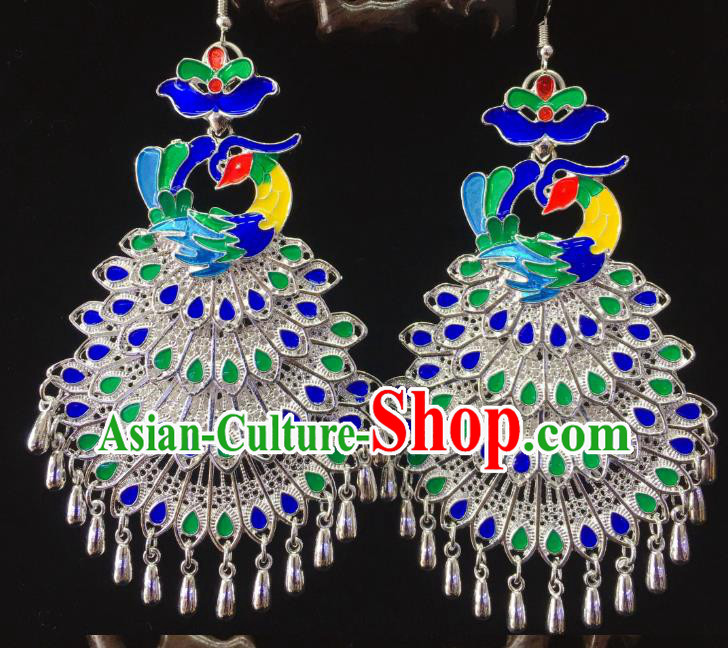 China Nationality Handmade Blueing Peacock Earrings Hmong Guizhou Miao Ethnic Minority Ear Accessories