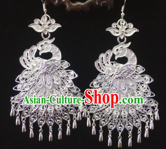 China Nationality Jewelry Handmade Hmong Guizhou Miao Ethnic Minority Ear Accessories Argent Peacock Earrings