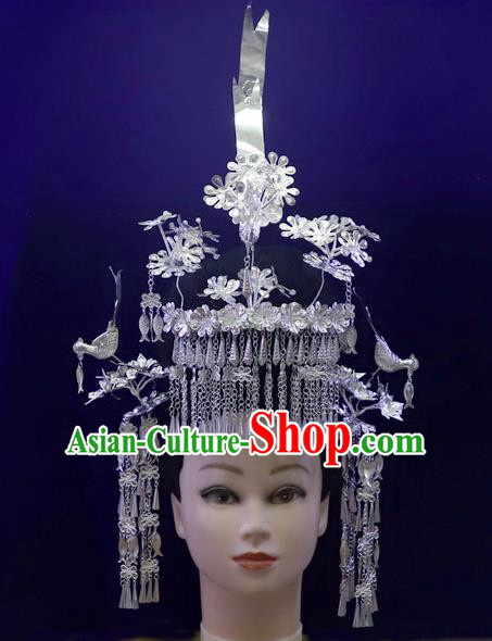 Chinese Miao Ethnic Stage Performance Headwear Quality Minority Nationality Bride Argent Phoenix Coronet Hair Crown Hairpins Full Set