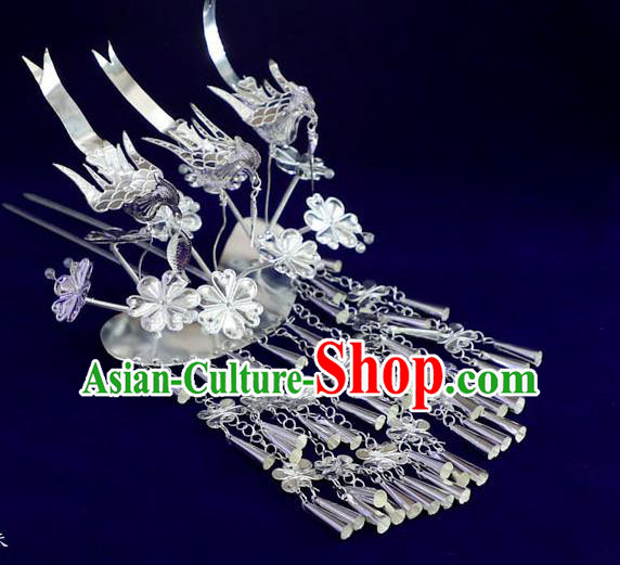 Quality Chinese Ethnic Nationality Three Birds Hairpins Festival Hair Accessories Miao Minority Silver Folk Dance Hair Stick