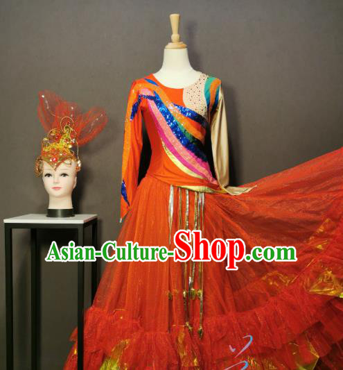 China Classical Dance Costumes Modern Dance Red Dress Spring Festival Gala Opening Dance Clothing and Headwear