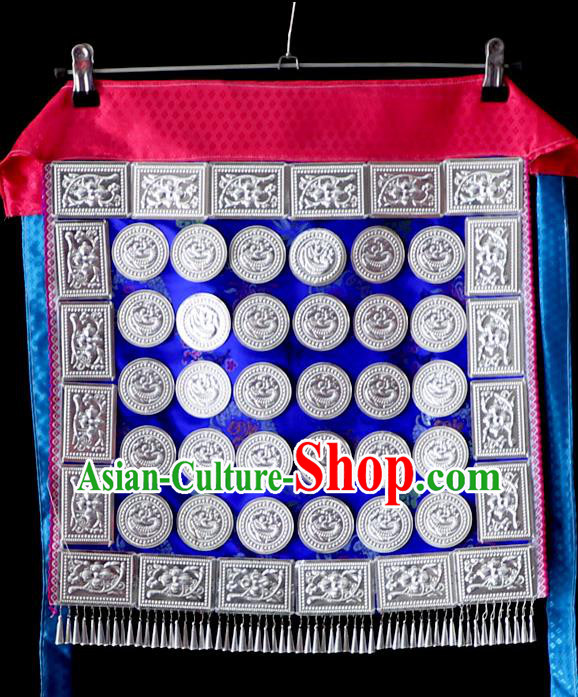 China Traditional Minority Folk Dance Royalblue Silk Apron Dong Nationality Dress Silver Waist Accessories