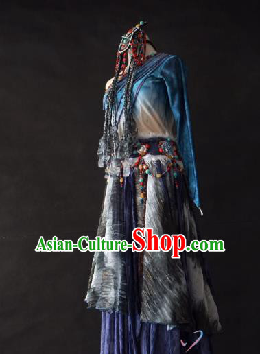 China Traditional Zang Nationality Costumes Ethnic Folk Dance Clothing Tibetan Minority Dance Dress and Headwear for Women