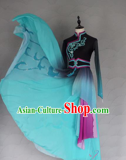 China Traditional Mongol Nationality Costumes Ethnic Folk Dance Clothing Mongolian Minority Dance Blue Dress for Women