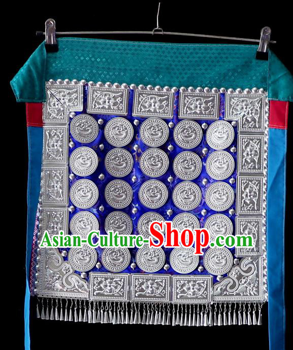 China Traditional Minority Costume Dong Nationality Folk Dance Dress Waist Accessories Royalblue Silk Apron